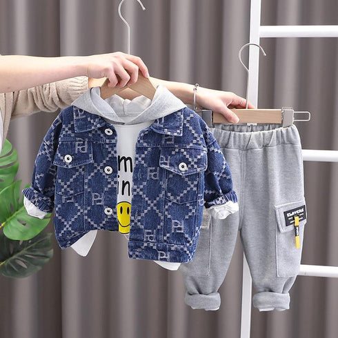 Lingge Denim Jacket Hoodie Three Piece Set